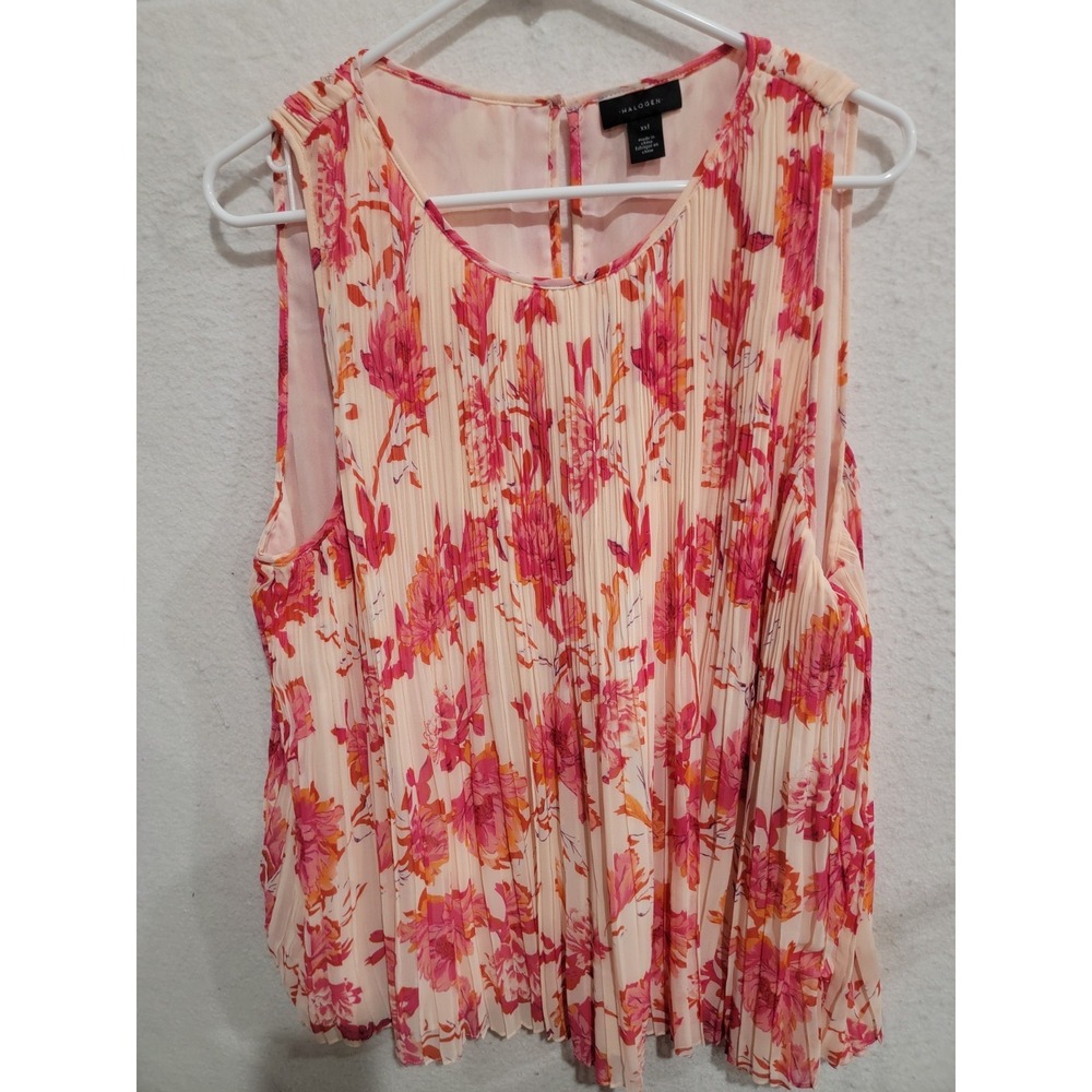 Halogen Floral Pleated Sleeveless Blouse Pink Orange Cream XXL Cottagecore NWT